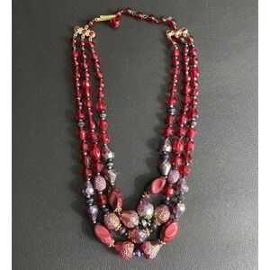 West Germany Strand Necklace Glass Bead AB 3 Strand Vintage Red Gold Tone Jewelr